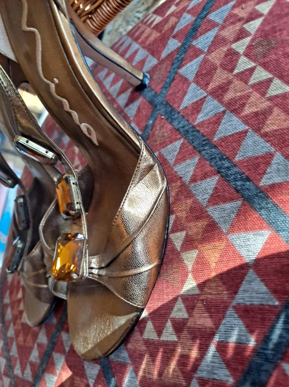Nina Metallic Gold T-Strap Gemstone High Heels